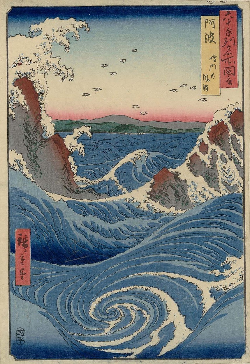 Redemoinho Naruto - Hiroshige (1856 - gravura de paisagens famosas locais do Japão).JPG